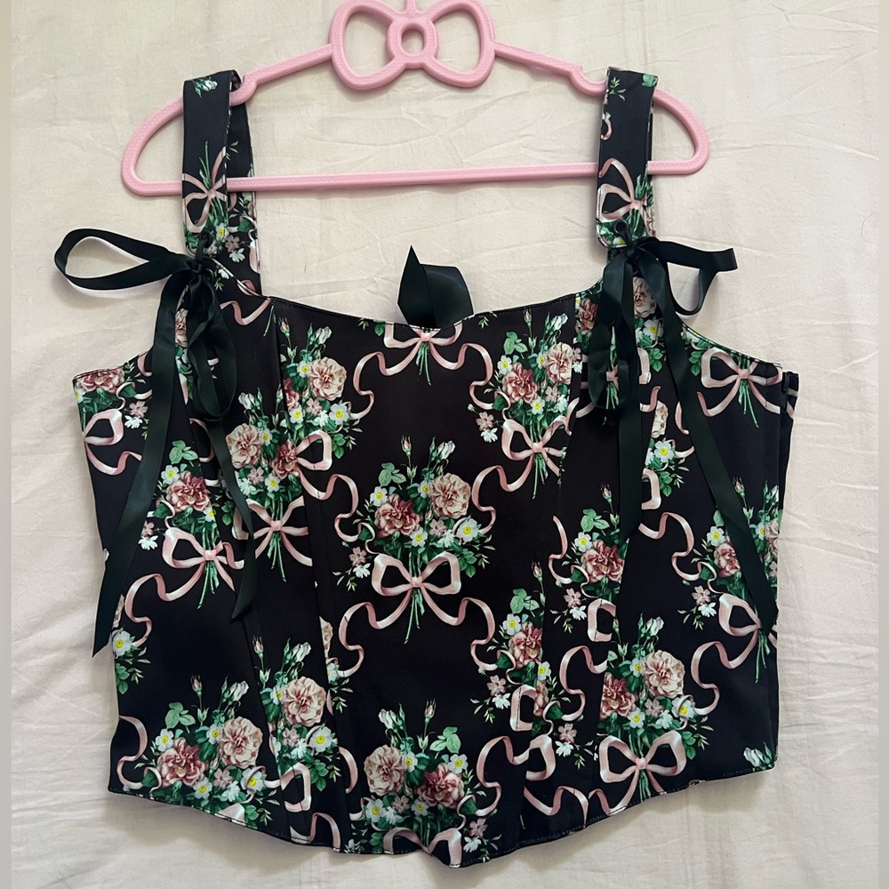 Dolls Kill Widow Floral Black and Pink Bow Corset Top